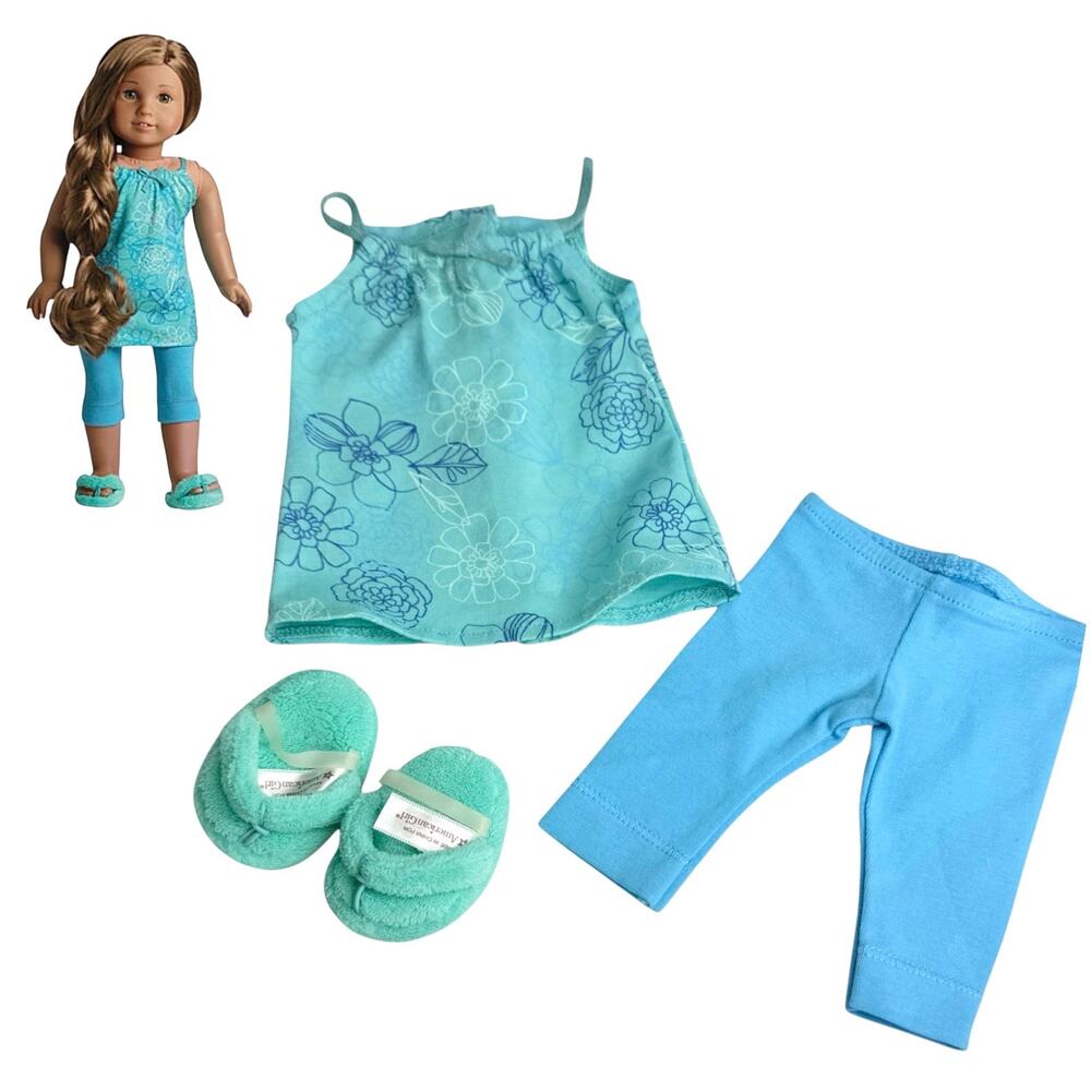 American Girl Kanani Pajamas Hawaiian Top Blue Leggings Fuzzy Slippers Pjs Set